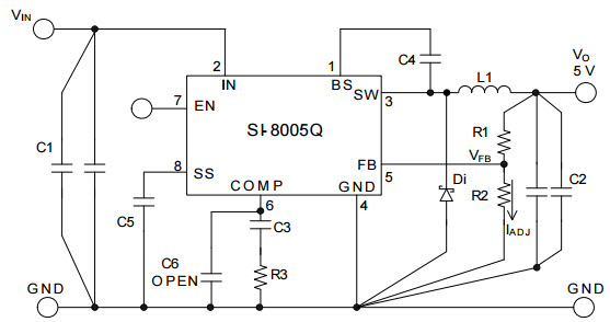 使用 Allegro MicroSystems 的 SI-8005Q-TR 的参考设计,SI8005Q 降压稳压器的典型（一般用途）应用 ...