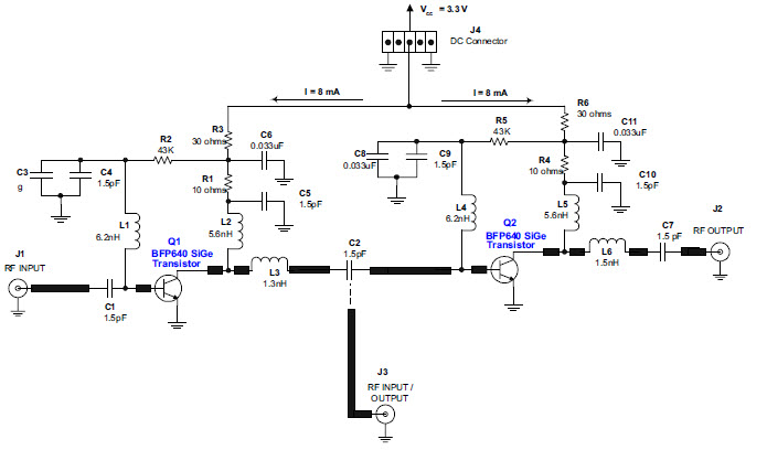 使用 SiGe BFP640 的低成本两级 LNA，适用于 5GHz 至 6GHz、802.11a 应用, 使用 Infineon ...